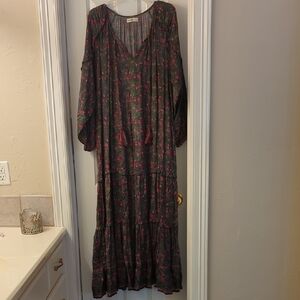 Boho Floral Tiered Maxi Dress - Dark Green with Pink Floral